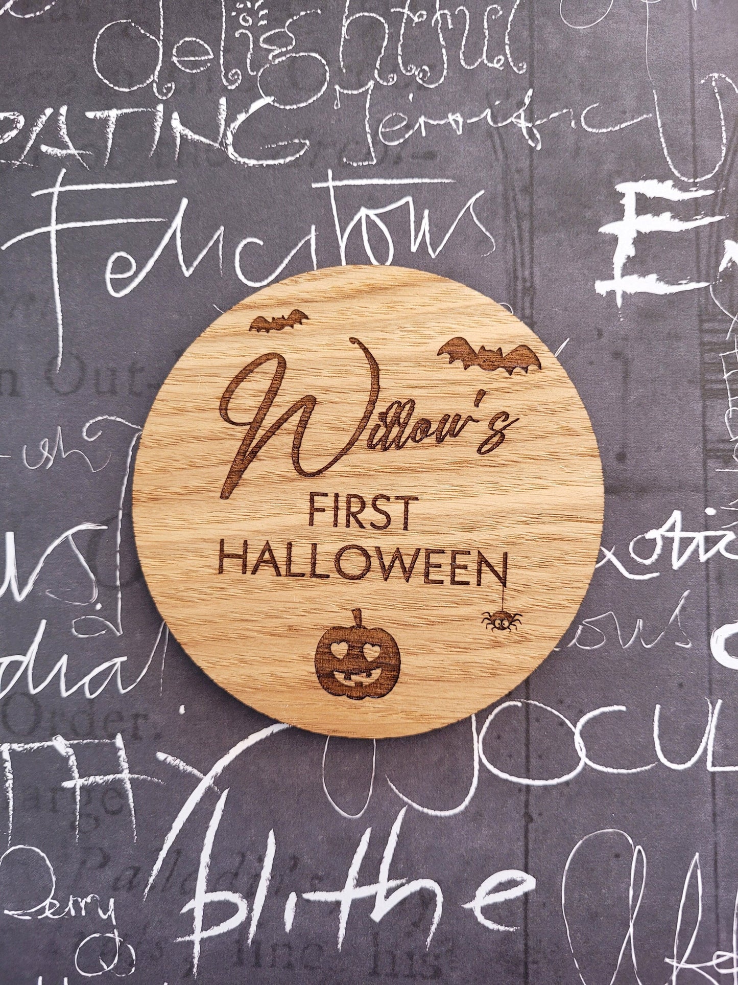 Personalised Babys First Halloween Flatlay Name Plaque Wooden Keepsake